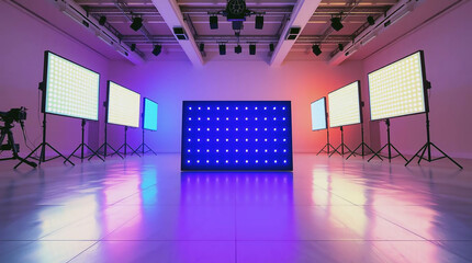 AI Generated image of Studio lighting setup with led panels and camera in empty room