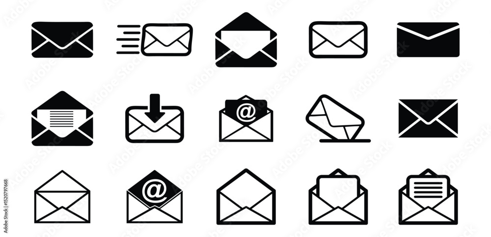 Poster Mail icon envelope email message communication symbol black white set collection digital vector isolated flat outline open
