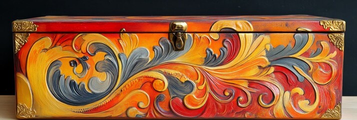 Ornate wooden box with a latch featuring painted swirling patterns in warm colors.