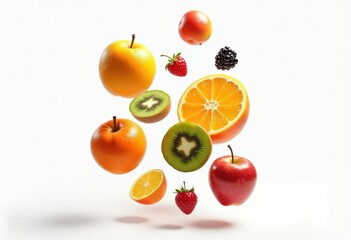 vibrant colorful fruit levitating clean white background fresh healthy food still life, banana, orange, grape, kiwi, strawberry, peach, pineapple