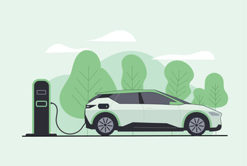 Electric Car Charging at Station with Green Energy Concept – Eco-Friendly Transportation Illustration