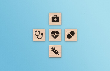 Health Insurance Concept, healthcare medical icons on blue background