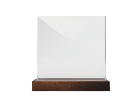 Clear square acrylic display case with dark wooden base