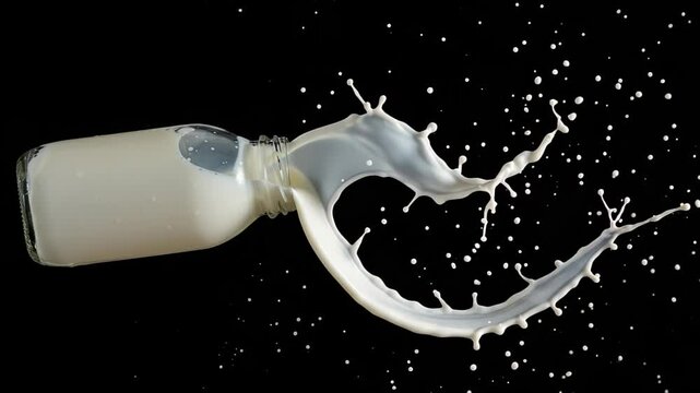 Dairy Delight: Milk Splashing from a Bottle in Stunning Slow Motion Against Black Background