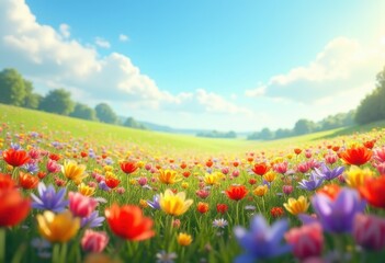Obraz premium vibrant wildflower fields colorful blossoms vast expansive sky meadow nature landscape spring floral bloom, rainbow, lgbtq, lgbt, pride, love, equality, pollen