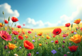 Fototapeta premium vibrant wildflower fields colorful blossoms green grass blue sky sunshine nature scenic landscape, flora, meadow, bloom, spring, environment, plant