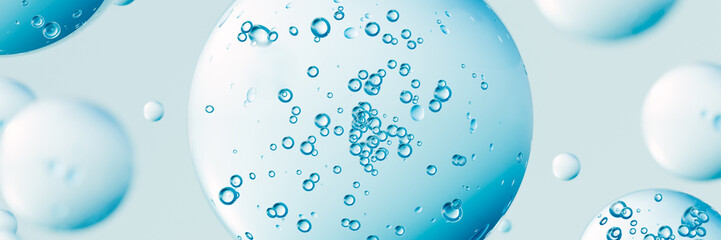3D banner. Transparent blue gel water texture with air bubbles in view on a light blue background....