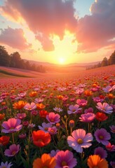Obraz premium vibrant wildflower fields sunset nature landscape colorful blossom meadow horizon, rainbow, lgbtq, lgbt, pride, love, equality, plant, flora, sky, wildlife