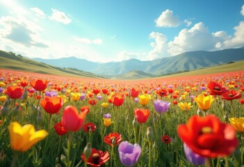 vibrant wildflower fields under expansive blue sky nature flora landscape colorful meadow blooming flowers, spring, plant, petal, scenery, gardening