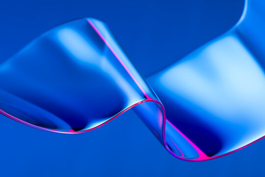 Abstract 3D glass ribbon with neon reflections on a blue background