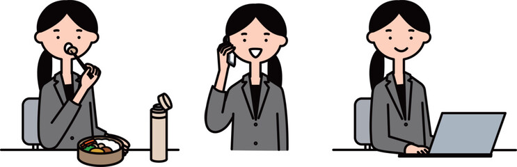 PC 、電話、ランチをするビジネスパーソンのイラストセット＿上半身