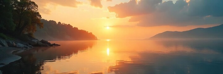 Obraz premium Serene waterfront scene at sunrise, calm water reflecting the golden light, tranquil atmosphere Ideal for travel, nature, and relaxation themes , river, calm
