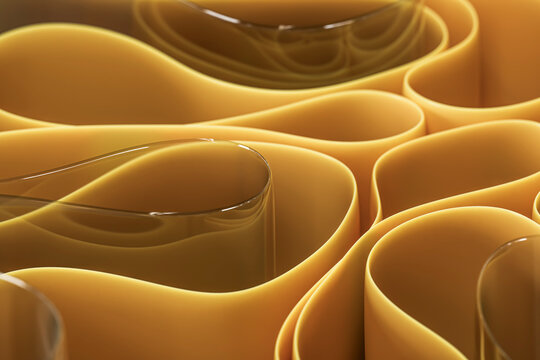 Abstract 3D design with yellow waves and glass elements