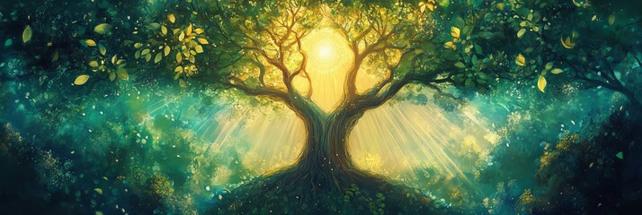 Stylized tree of life illustration with glowing foliage and mystical background.