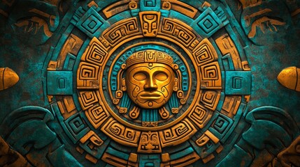 Intricate aztec style carving with a face in the center gold and teal.
