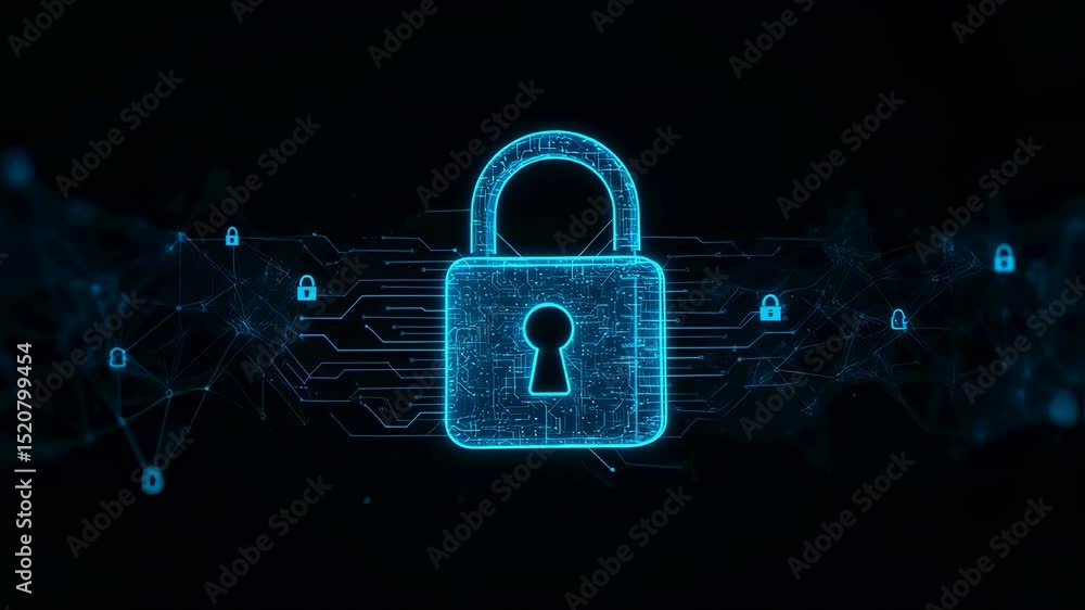 Poster digital padlock with virtual circuit lines represents data security, cyber privacy, and network prot