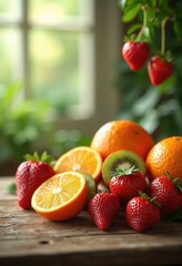 vibrant colorful fruits floating above rustic wooden table fresh produce display nature aesthetic, rainbow, lgbtq, lgbt, pride, love, equality, peach, kiwi