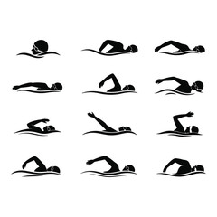 Obraz premium Swimming Strokes Silhouette Set, Swimmer in Various Positions on Transparent Background