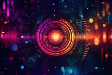 Vibrant circular music equalizer background showcasing colorful wave patterns and dynamic light effects, colorful circular music equalizer background