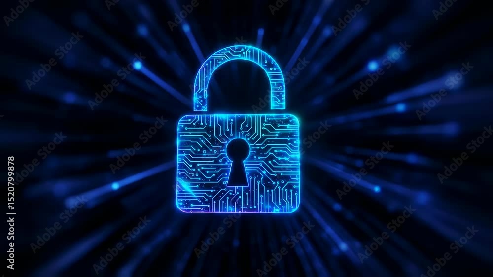 Poster digital padlock with virtual circuit board pattern. cybersecurity data protection for network securi