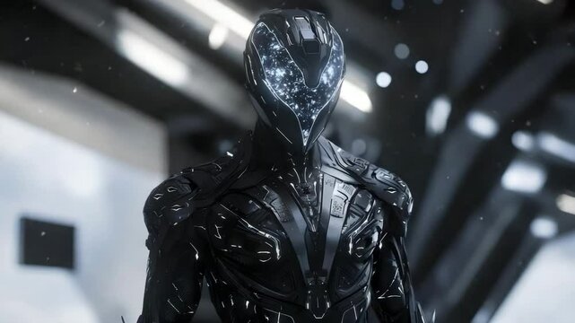 A futuristic, humanoid robot with a reflective, galaxy-like face plate stands in a high-tech, illuminated environment.