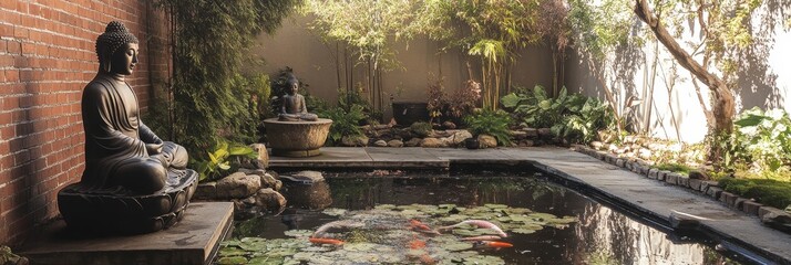 Buddha statues in a garden setting with a pond and greenery.