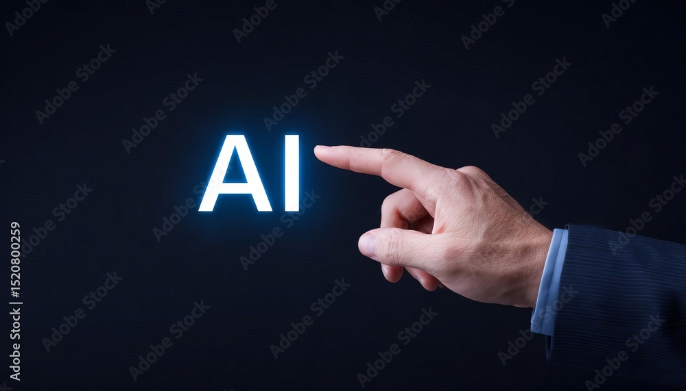 Poster a hand pointing at glowing letters representing artificial intelligence.