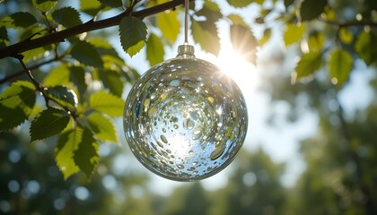 A sphere of clear glass hanging in the sunlight on a green leafy branch