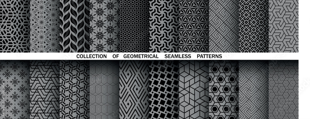 Poster geometric set of seamless black and gray patterns. simple vector graphics