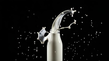 Milk splash sequence in slow motion on a black background with bottle - Powered by Adobe