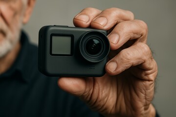 Elderly man holding an action camera in his hand. Close-up shot of compact digital video device, modern technology use by senior.