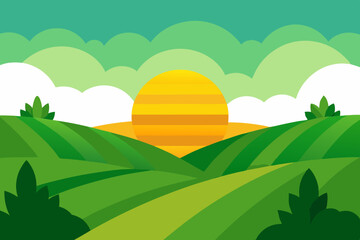 sunrise landscape with lush green fields vector