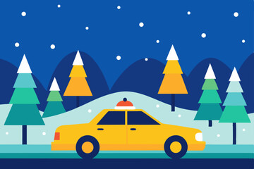 taxi driving through snowy avenue past holiday 