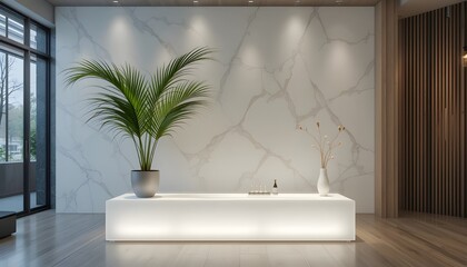 Clear White Display Base with Palm Leaf and Contemporary Lighting