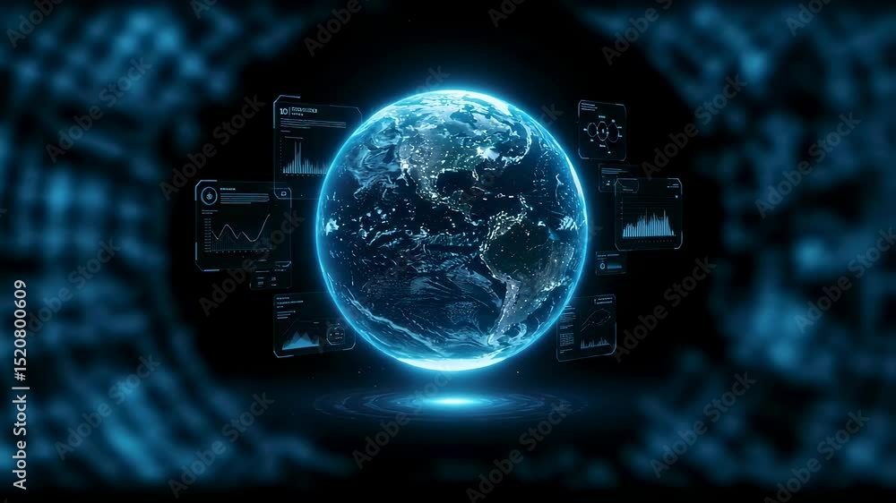 Poster digital earth globe with data statistics and finance charts. global network connection and technolog