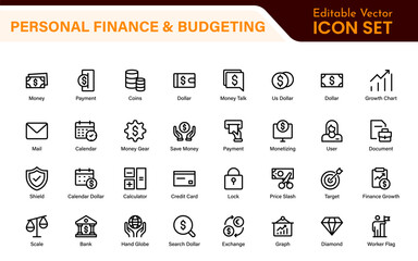 Personal Finance and Budgeting Icons – Modern Minimalist Line Art Vector Illustrations for Budget Planning, Saving, Money Management, and Financial Tools