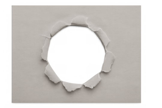 Jagged paper edges forming circular cutout revealing white background, transparent overlay for graphic design projects