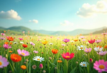 Fototapeta premium blooming wildflowers vibrant spring sunlight colorful meadow nature beauty fresh growth earliness flora, grassland, garden, landscape, field, scenery, vigor