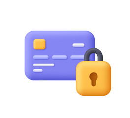 Credit card and padlock. Secure money payment, financial service security concept. 3d vector icon. Cartoon minimal style.