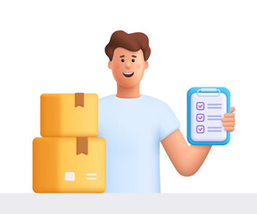 Young smiling man James with cardboard package box and holding clipboard with checklist. Safe delivery of goods concept. 3d vector people character. Cartoon minimal style.