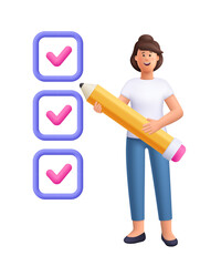 Young smiling woman Jane and doing checklist with pencil. Deadline, planning and organization of work project, business tasks concept. 3d vector people character. Cartoon minimal style.