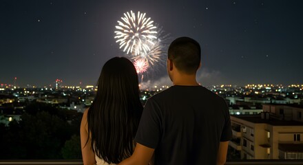 Romantic Couple Watching Fireworks Over Cityscape A Night to Remember
