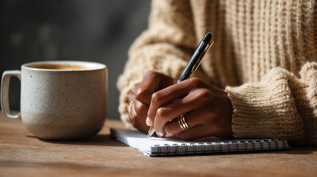 Cozy Autumn Journaling: Mindful Writing with Notebook, Coffee, and Warm Sweater at Home Office Workspace