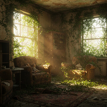 Overgrown Abandoned House Interior: Sunlit Room, Nature Reclaiming Building, Ruins, Decay, Plants, Vines, Windows, Dusty Furniture isolated on white  background