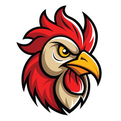 Bold Rooster Head Illustration with Red Comb, Golden Beak, and Determined Stare
