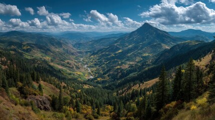Expansive mountain vista with lush valleys and dynamic cloudscape above