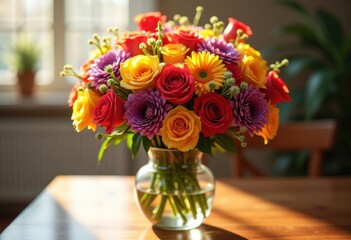 bright bouquet vibrant seasonal blooms elegant glass vase colorful floral arrangement, petal, greenery, stem, botanical, nature, pink, yellow, orange, blue