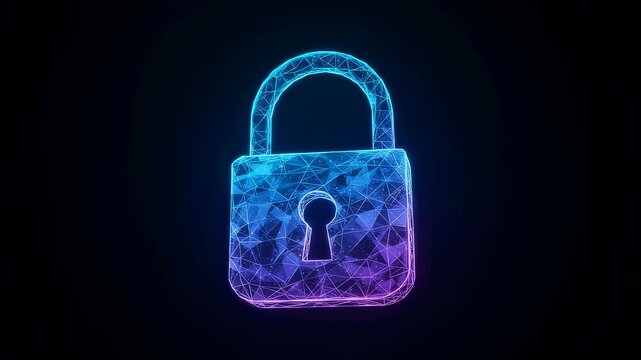 Abstract digital lock symbol for cybersecurity. Data protection glowing concept with plexus network, secure technology footage.