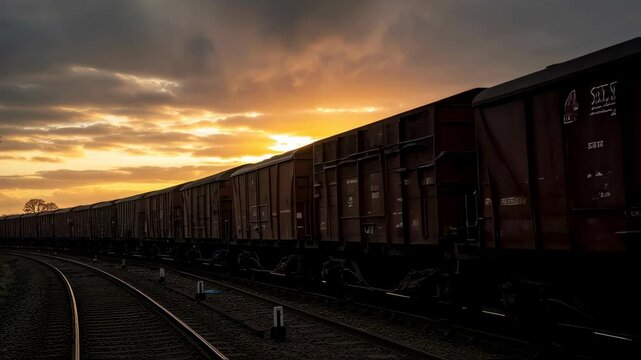 Steam train passing on railroad tracks at sunset. Old locomotive moving on railway with dramatic orange sky and smoke footage.