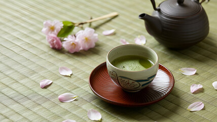 A cup of green tea with a teapot, cherry blossoms, and petals on a bamboo mat create a serene, traditional Japanese tea setting.